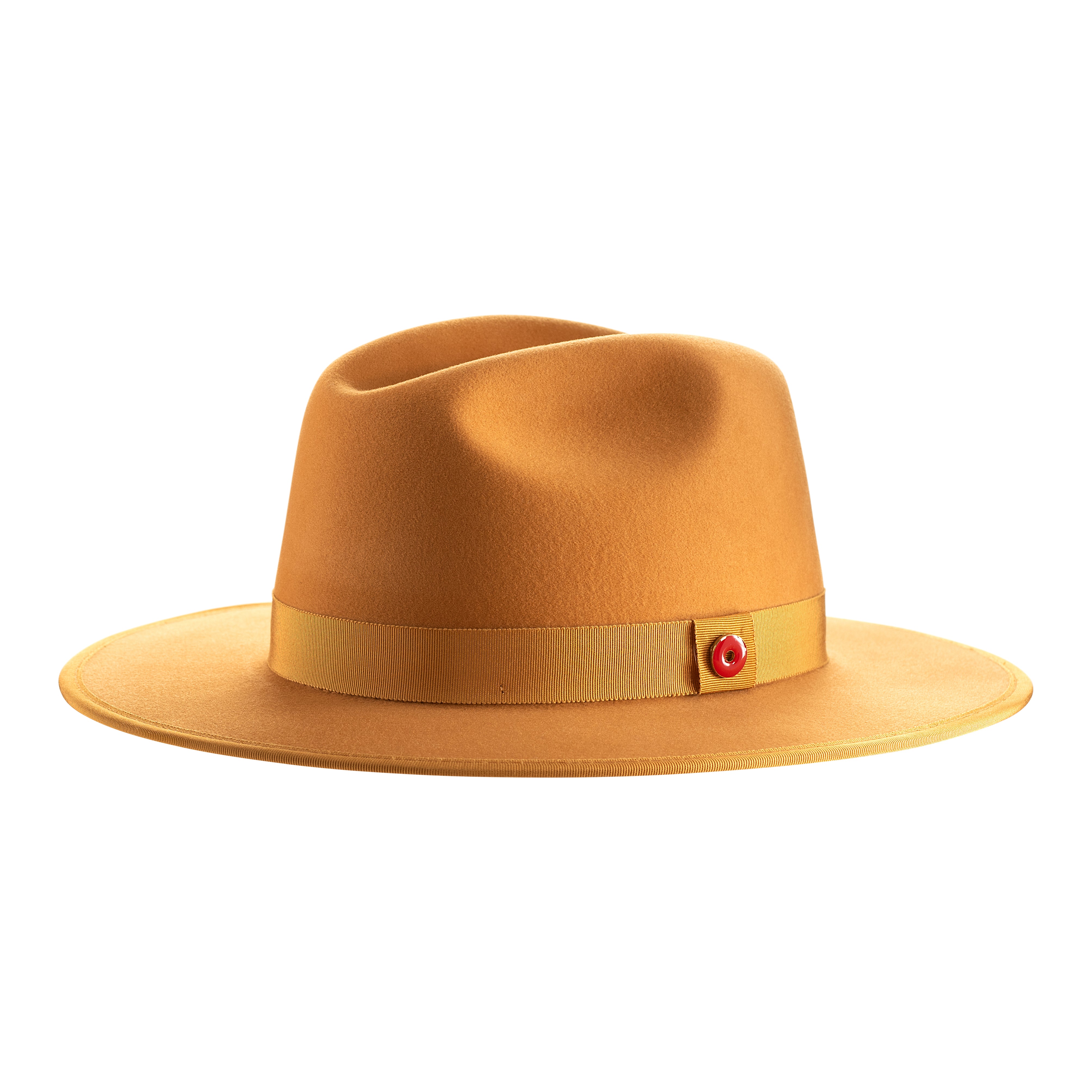 A canary yellow fedora hat with a flat brim, pinched crown, and a classic ribbon trim including a signature logo pin on the side.