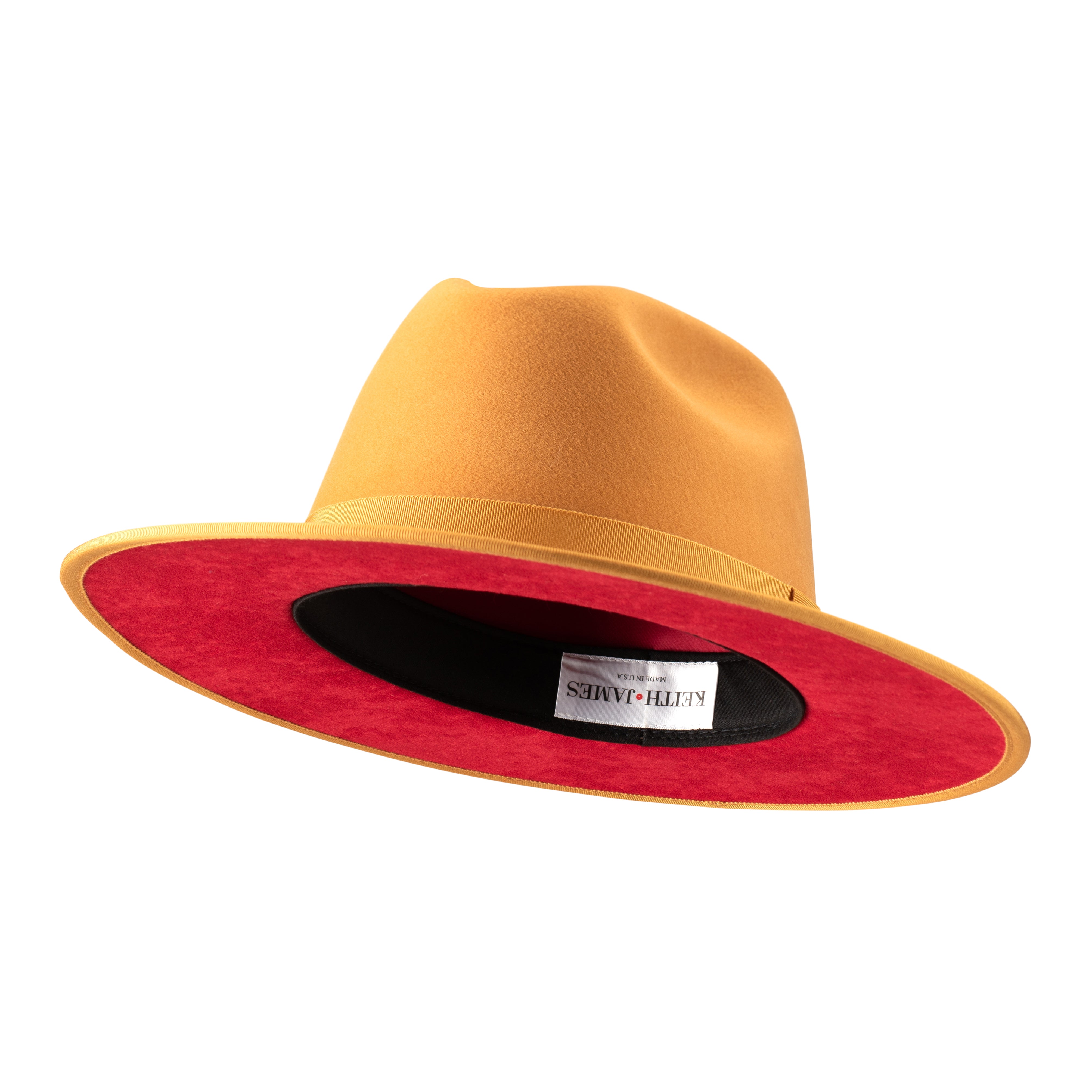 A canary yellow fedora hat with a flat brim, pinched crown, and a classic ribbon trim including a signature logo pin on the side.