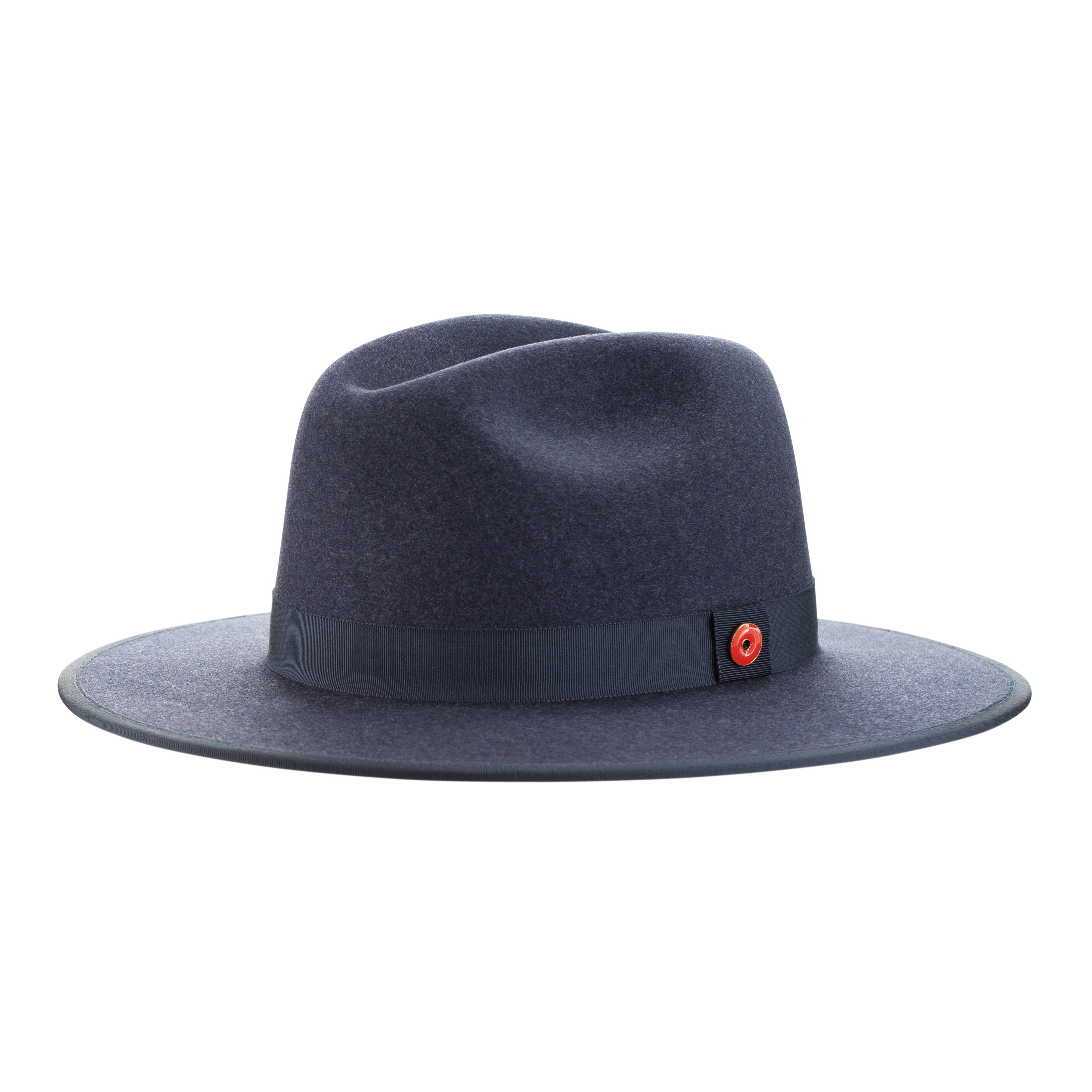 A denim blue fedora hat with a pinched crown, flat brim, and bound edge. It includes a classic ribbon trim, a signature logo pin, and a red bottom brim.