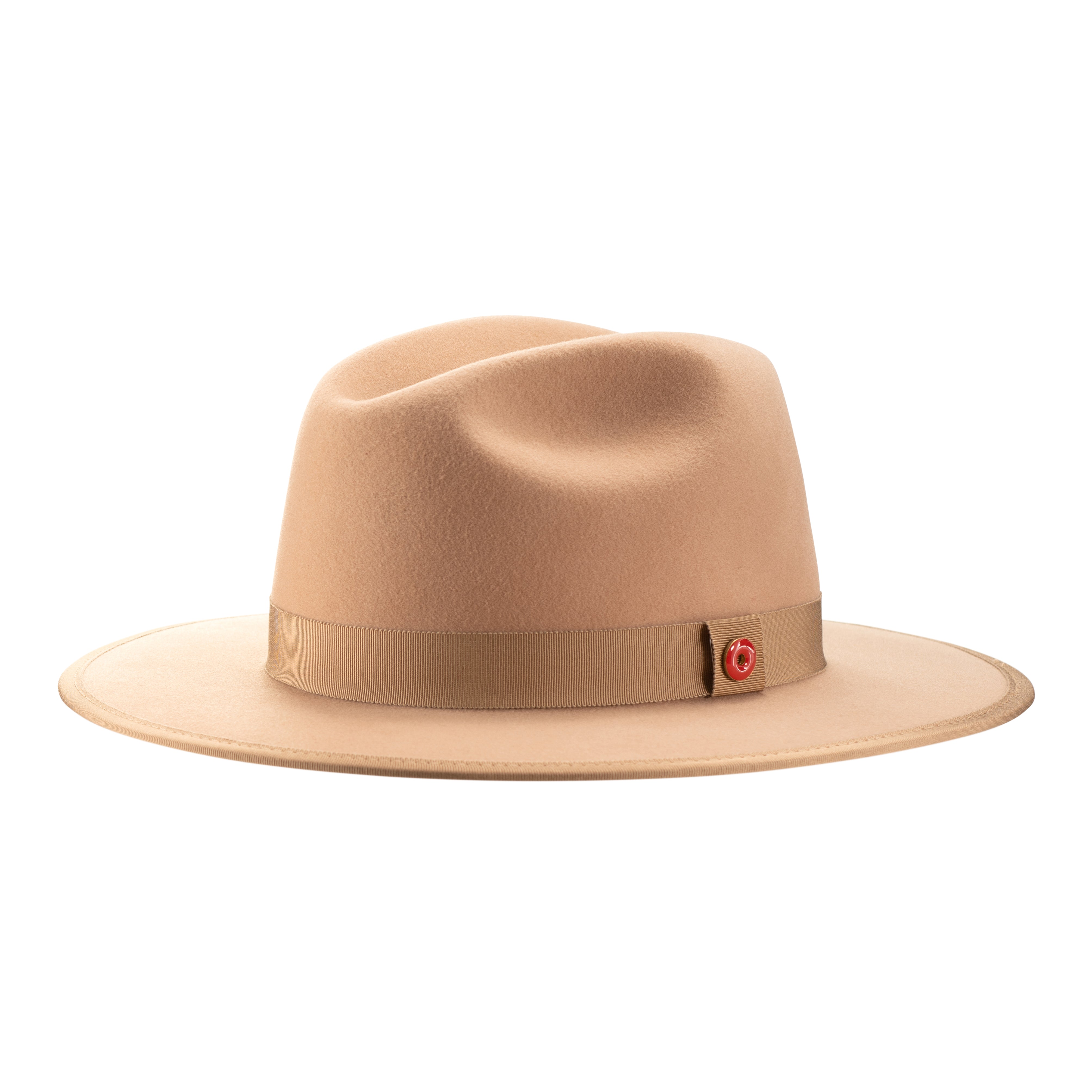 A golden honey fedora hat with a pinched crown, flat brim, and bound edge. It includes a classic ribbon trim, a signature logo pin, and a red bottom brim.