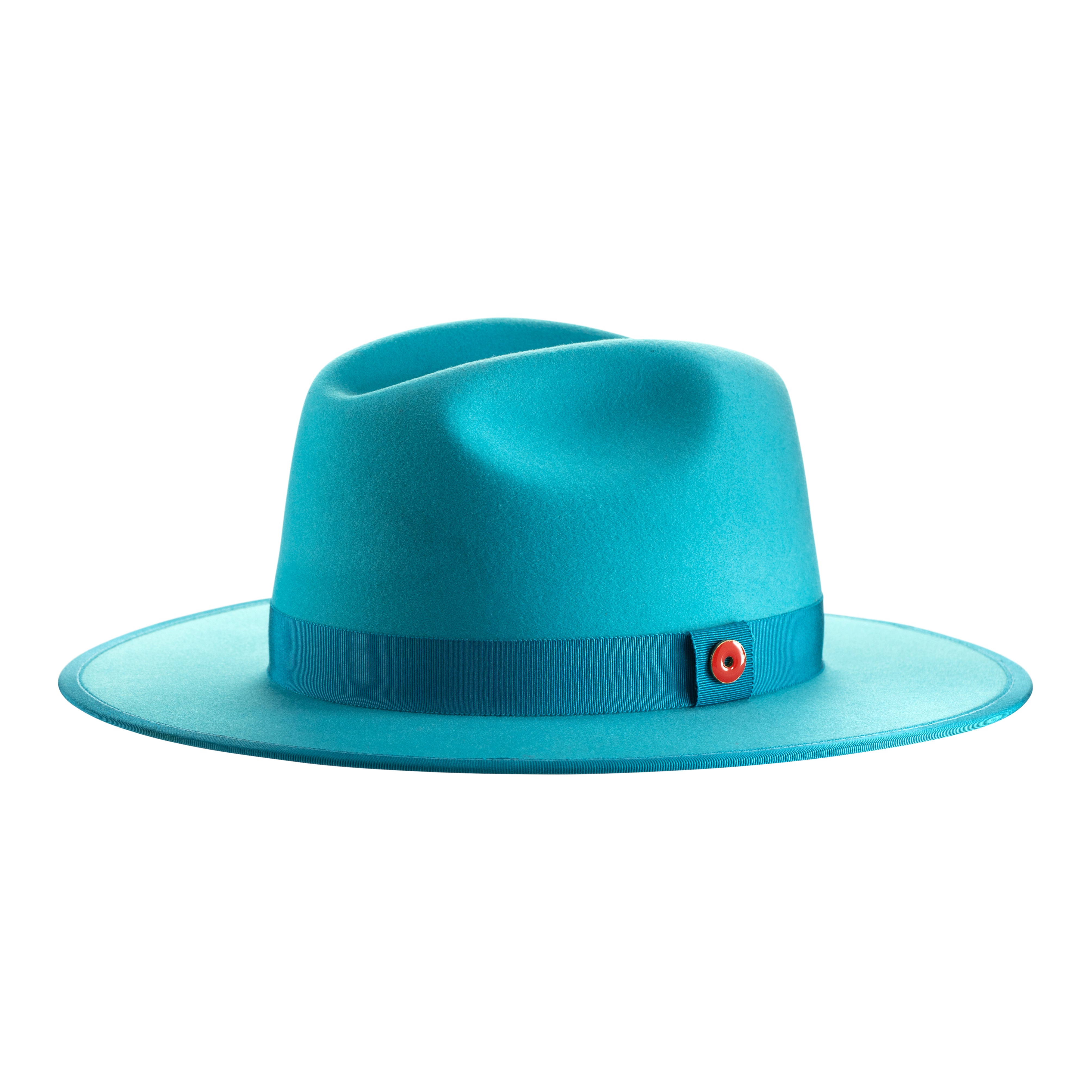 A blue fedora hat with a flat brim, pinched crown, and a classic ribbon trim including a signature logo pin on the side.