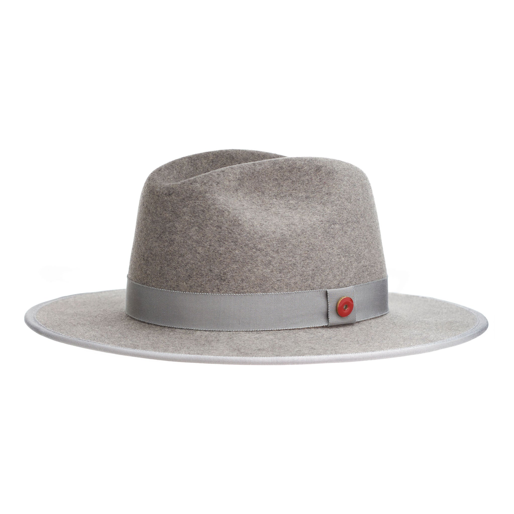 A grey fedora hat with a flat brim and a classic ribbon trim, featuring a signature logo pin and a red bottom brim.