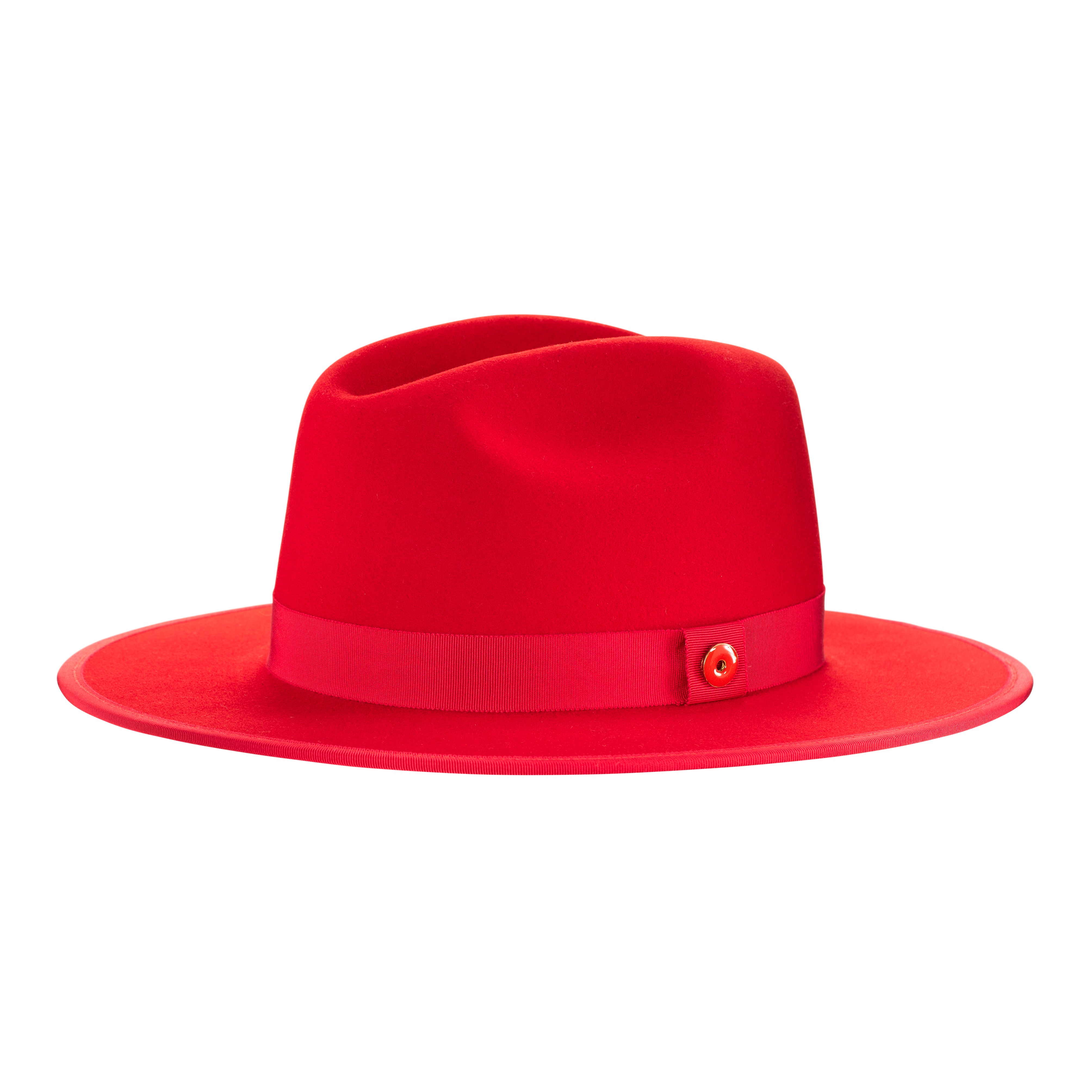 A rose red fedora hat with a pinched crown, flat brim, and bound edge. It includes a classic ribbon trim, a signature logo pin, and a red bottom brim.