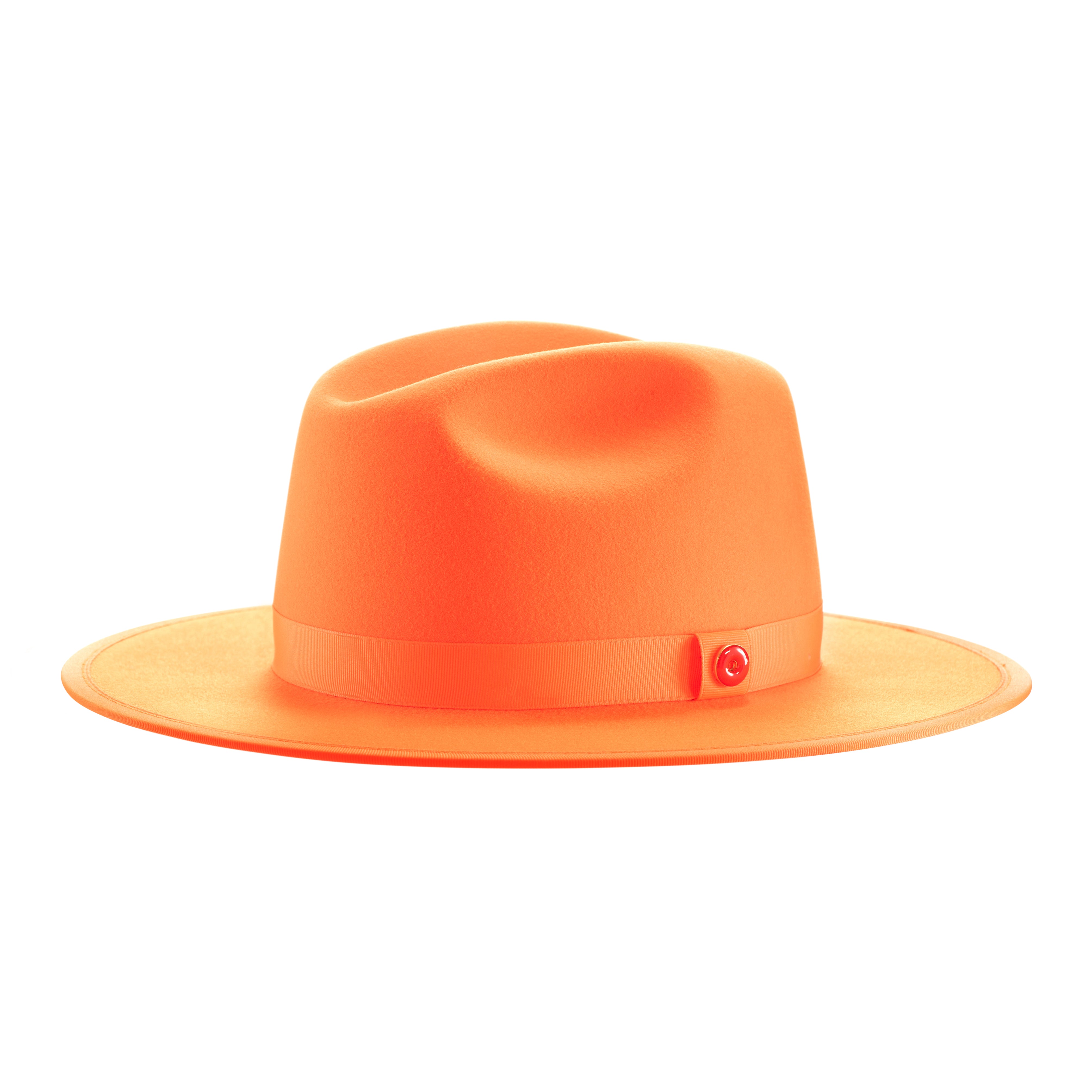 An orange fedora hat with a pinched crown and flat brim, featuring a classic ribbon trim and a signature logo pin on the front.