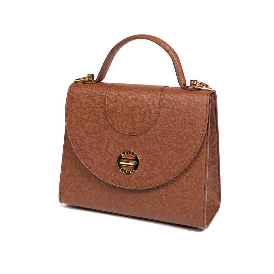 A cocoa brown top handle handbag with a microfiber lining, metallic hardware, and a flat pocket inside. The bag is crafted from leather.