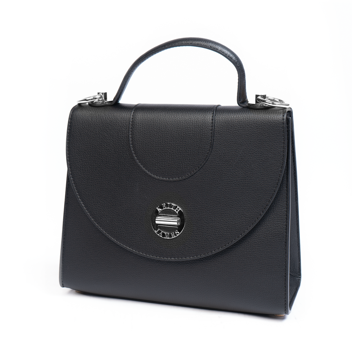 A jet black top handle handbag with a leather exterior, a visible brand logo on the front, and a gold-tone hardware.