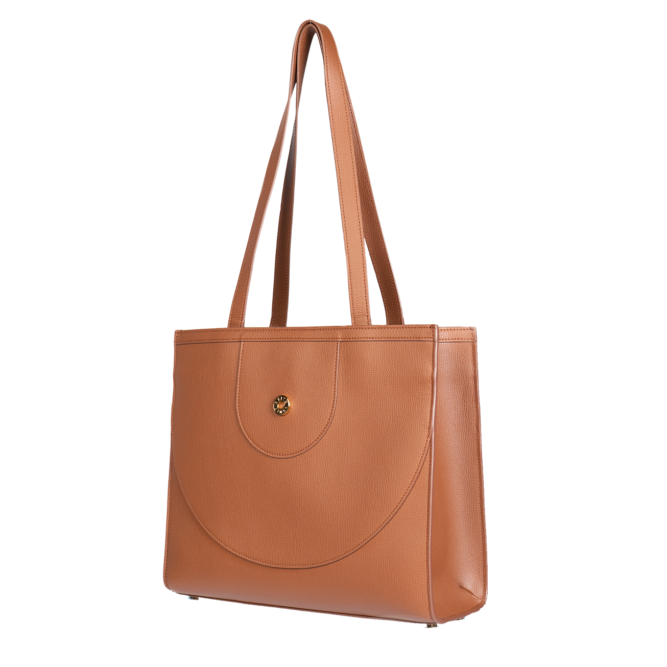 A cocoa brown leather tote bag with shoulder straps and a front flap closure.