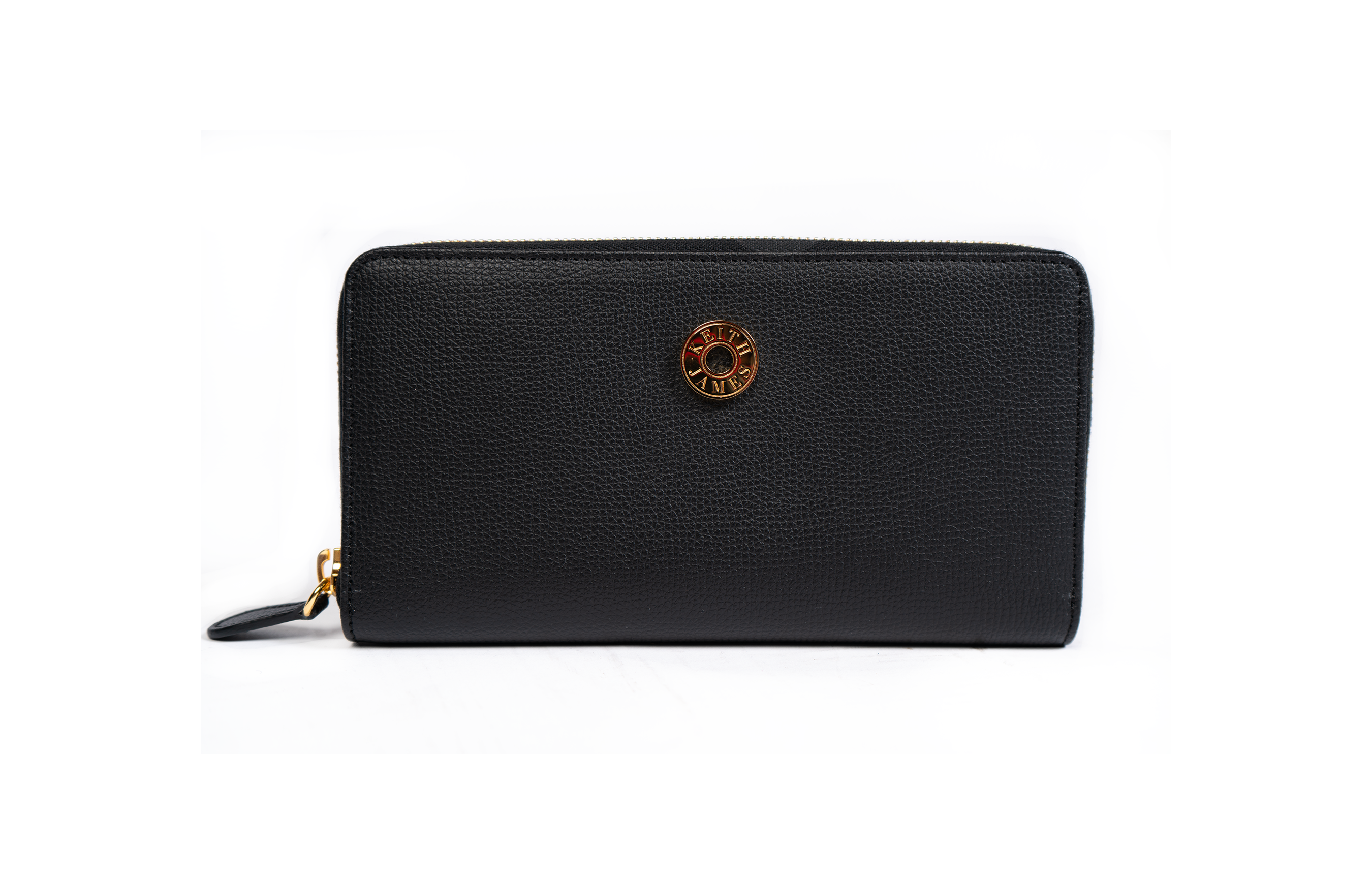 A jet black wallet with a center zip pocket and a logo embossed in the center. It appears to be made of leather with a gold zipper.