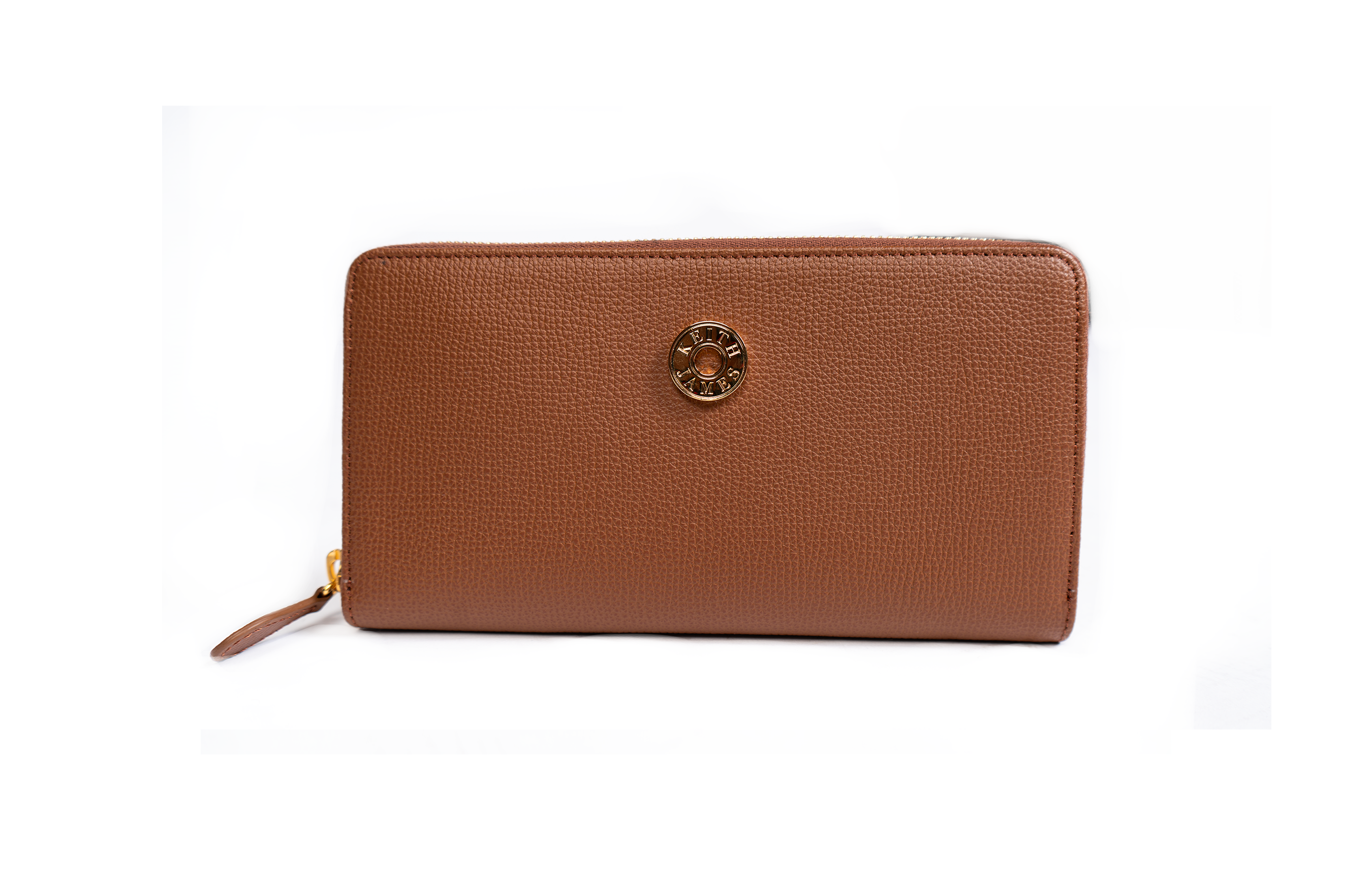 A cocoa brown wallet with a zipper closure and a logo embossed in the center.