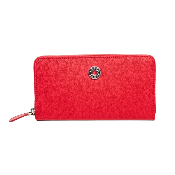 A rose red colored wallet with a zipper closure and a logo emblem on the front.