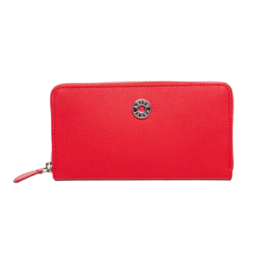 A rose red colored wallet with a zipper closure and a logo emblem on the front.