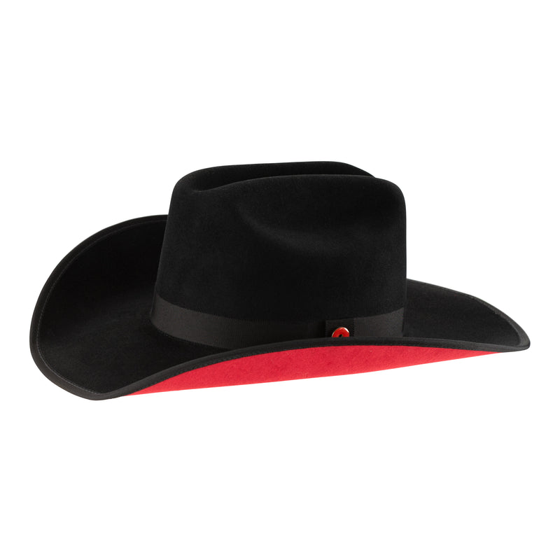 A black wool cowboy hat with a red sweatband, labeled with a brand logo pin.