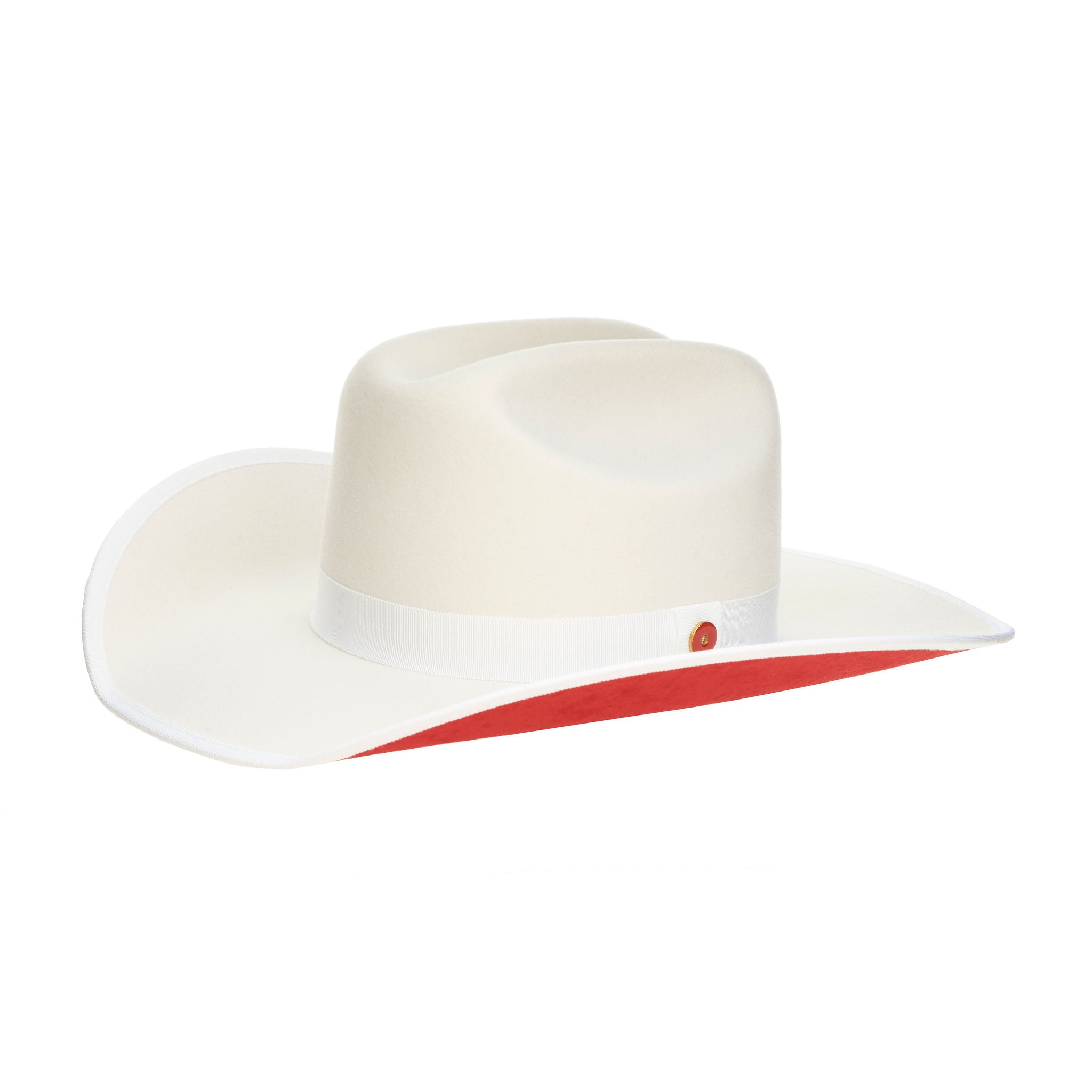 A white Western fedora with a red suede brim and a 'Keith And James' red circle logo pin.