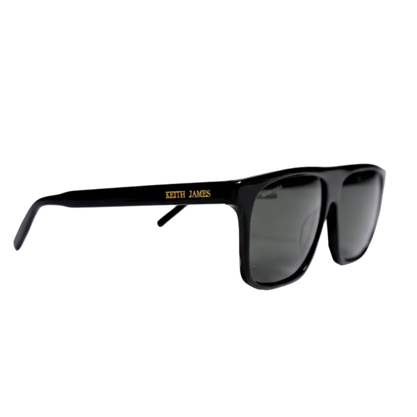 Black sunglasses with gold logo on a white background