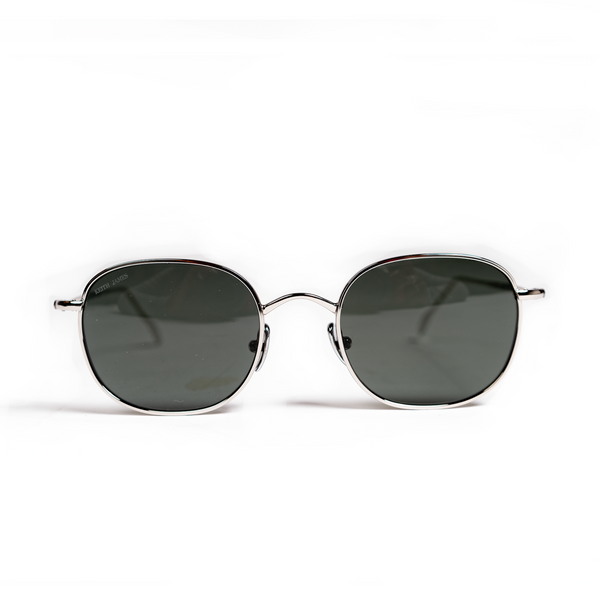 A pair of silver framed sunglasses with dark grey polarized lenses, displayed against a white background.